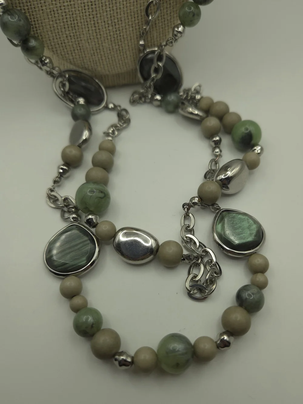 Chico's Green Labradorite Bead Multi-Strand Necklace Silver Accents Nature Fairy